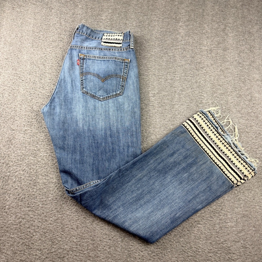 Levi's Boho Distressed Women's 34 Patchwork Jeans Tapestry Trim Raw Blue Denim